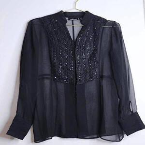 Willi Smith Black Silk Sheer Beaded Long Sleeve Blouse - Medium